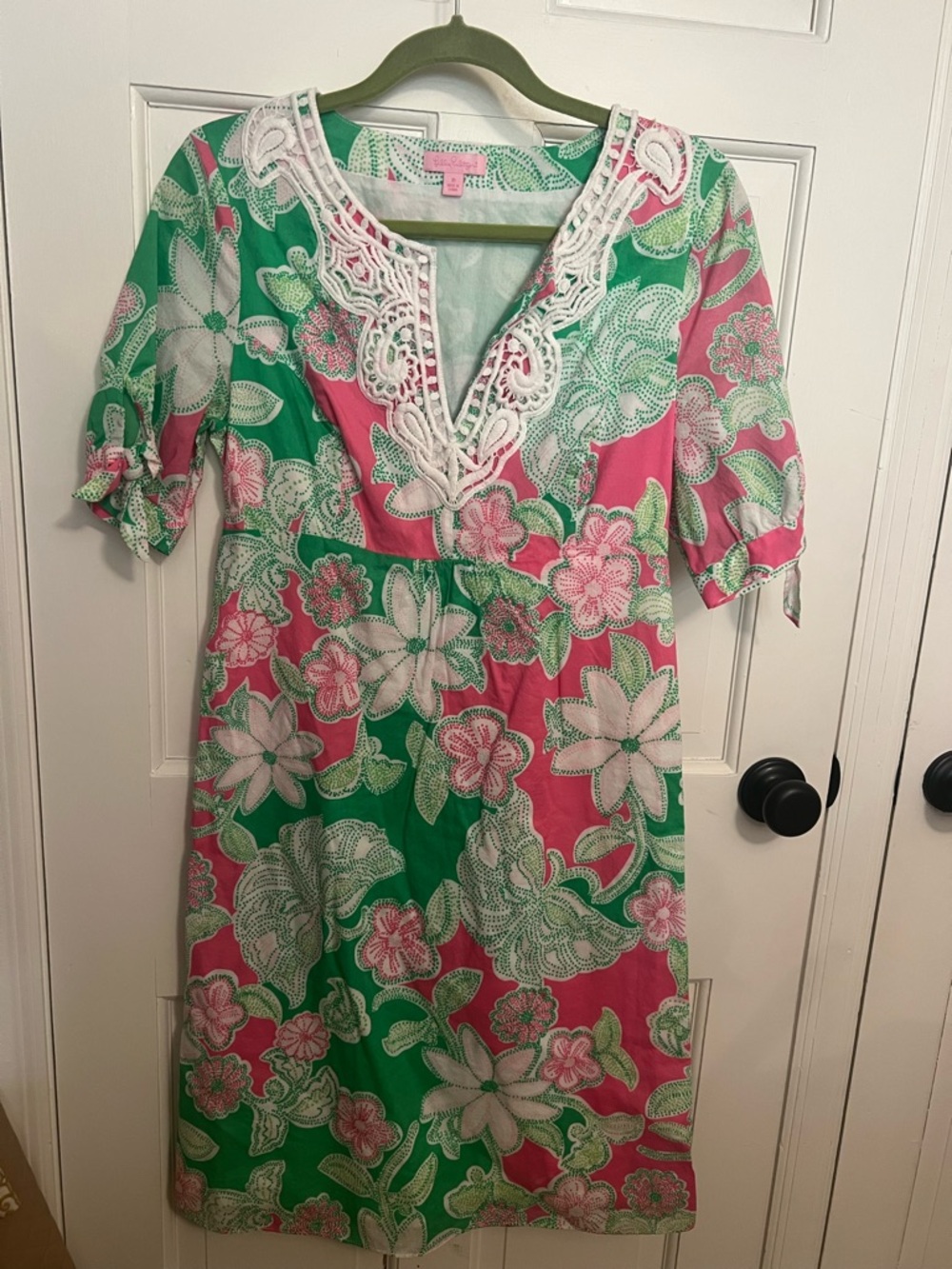 Lilly Pulitzer Pink & Green Floral V-Neck Midi Dress with Lace Trim